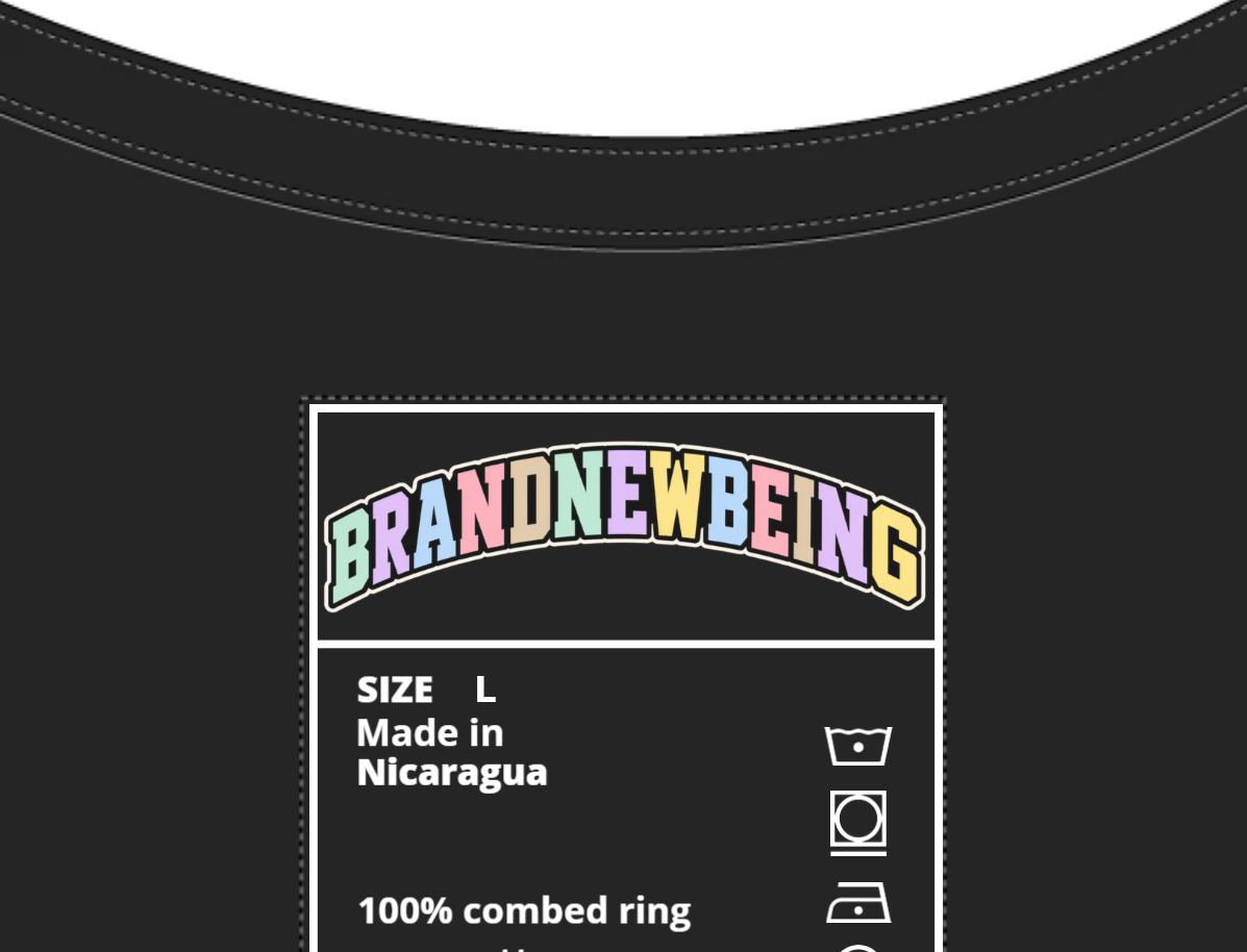 BRANDNEWBEING inside-neck label mockup with size L