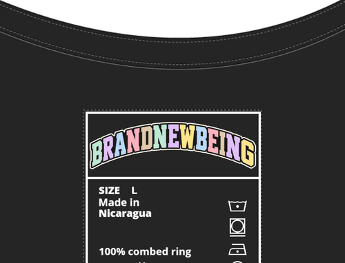 BRANDNEWBEING inside-neck label mockup with size L