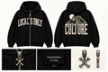 LOCAL’S ONLY black zip hoodie by BRANDNEWBEING × BLVCK VOLTAIRE, front and back with custom Bone-X zipper and woven label