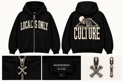 LOCAL’S ONLY black zip hoodie by BRANDNEWBEING × BLVCK VOLTAIRE, front and back with custom Bone-X zipper and woven label