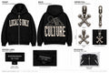 LOCAL’S ONLY zip hoodie front and back with correct white outline skeleton over CULTURE, Bone-X zipper pull, woven label, and packaging