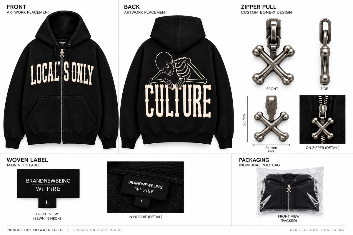 LOCAL’S ONLY zip hoodie front and back with correct white outline skeleton over CULTURE, Bone-X zipper pull, woven label, and packaging