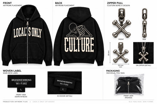 LOCAL’S ONLY zip hoodie front and back with correct white outline skeleton over CULTURE, Bone-X zipper pull, woven label, and packaging