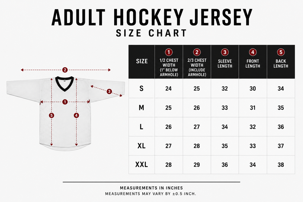 Adult hockey jersey size chart S through XXL