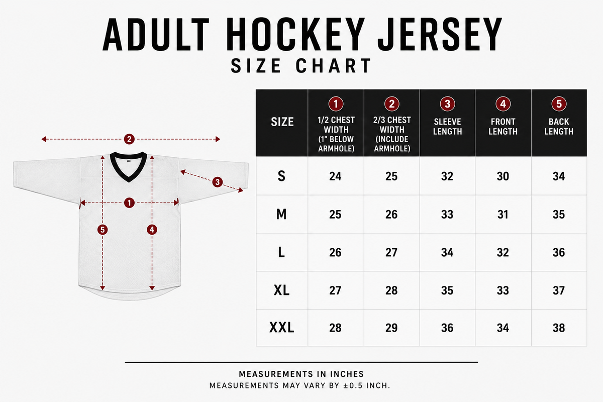 Adult hockey jersey size chart S through XXL