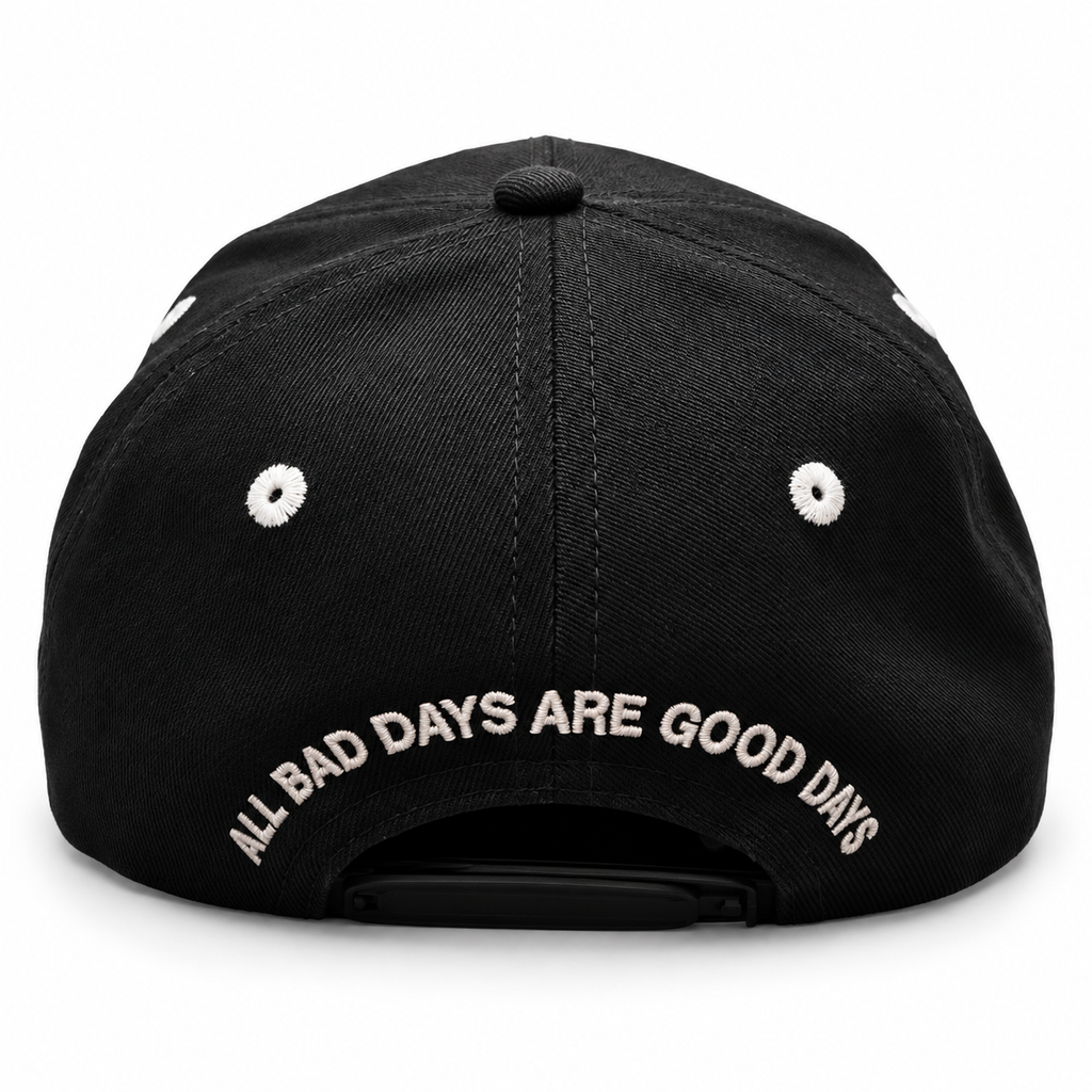 Black SMILE embroidered hat — studio back view