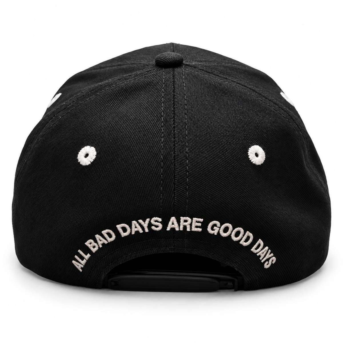 Black SMILE embroidered hat — studio back view