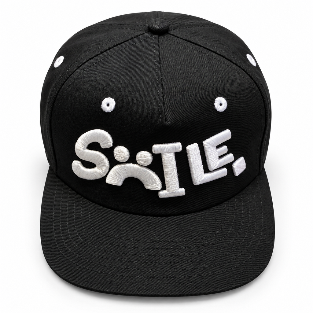 Black SMILE embroidered hat — studio front view