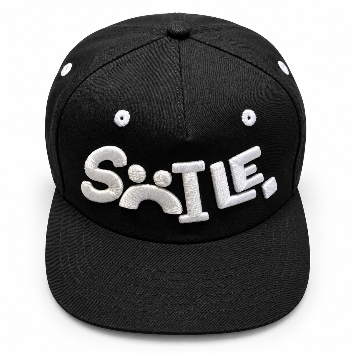 Black SMILE embroidered hat — studio front view