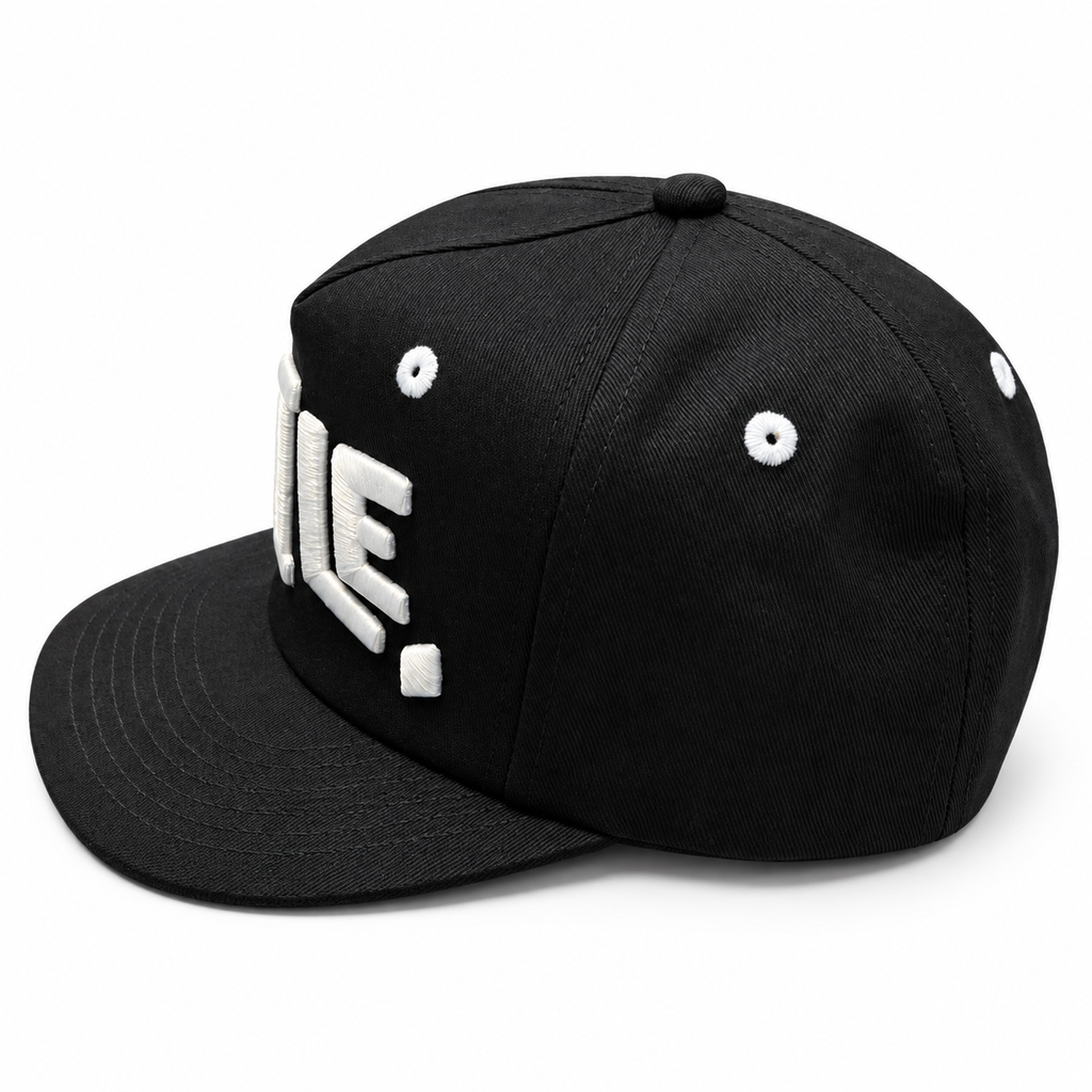 Black SMILE embroidered hat — studio side-left view