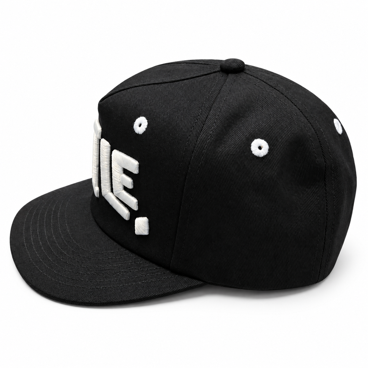 Black SMILE embroidered hat — studio side-left view